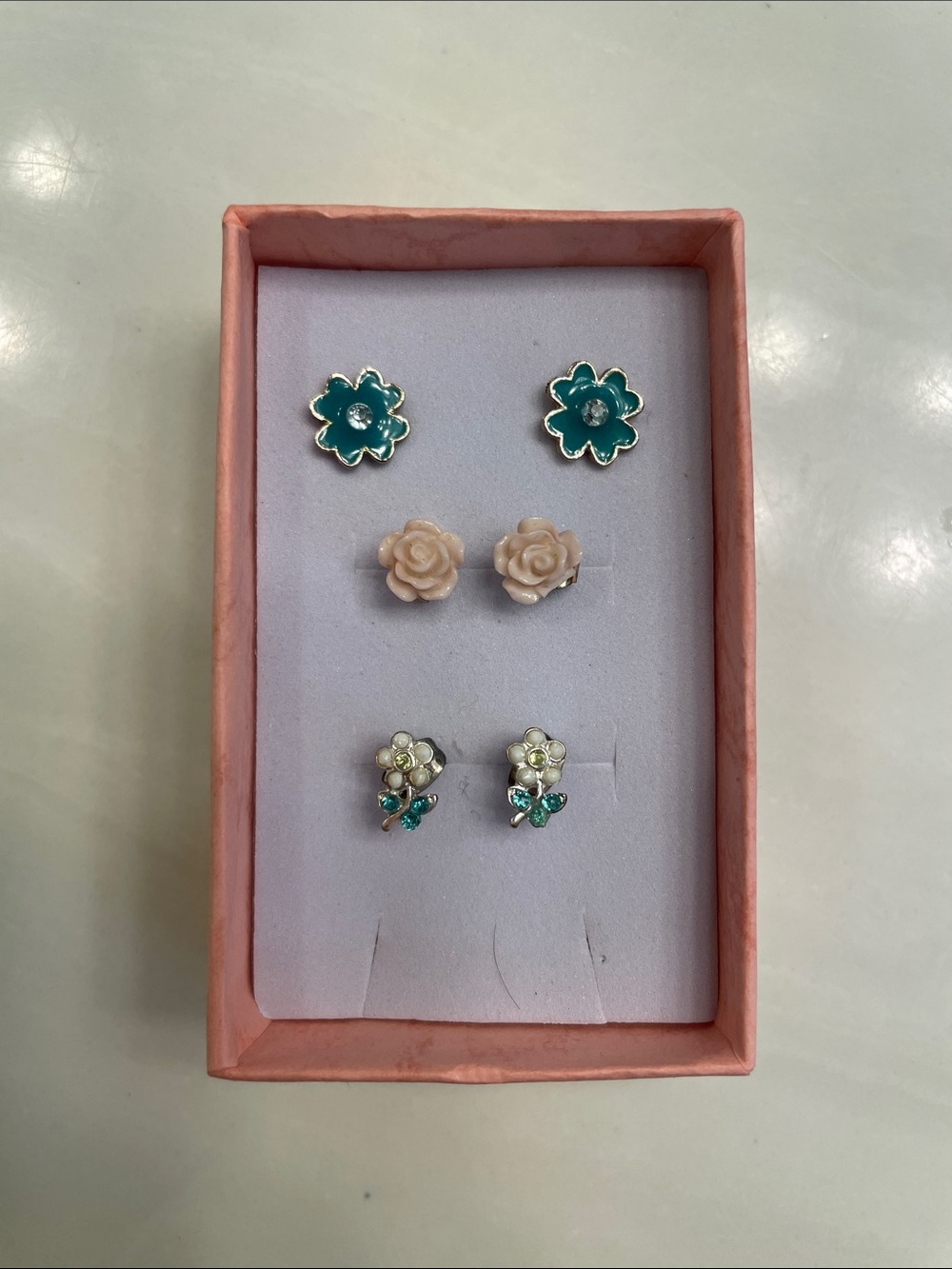 Floral Stud Earring Set - Teal & Cream
